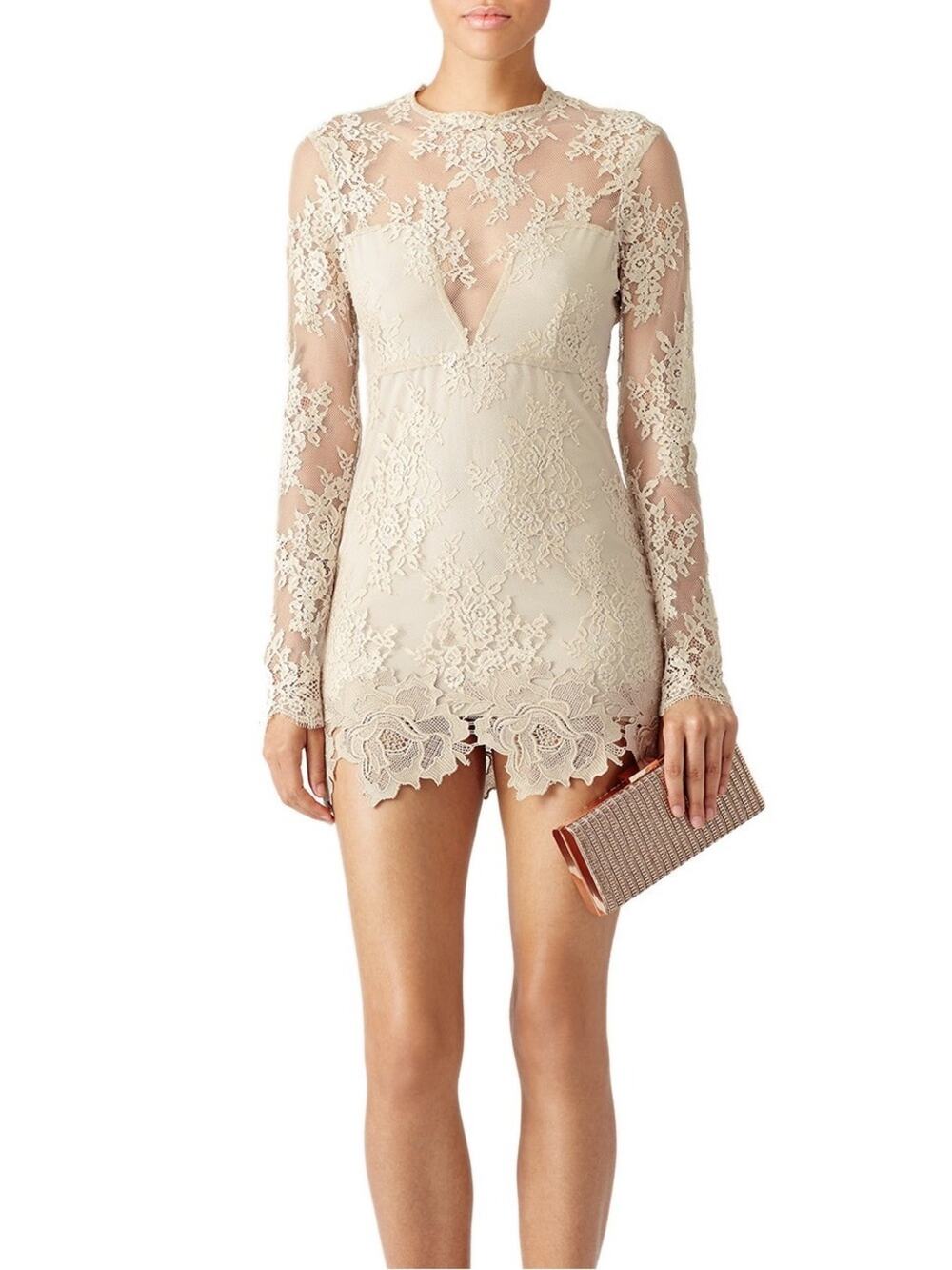 SAYLOR Leondra Nude Lace Long-Sleeve Mini Dress Size XS